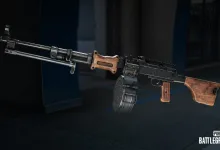 A PUBG: BATTLEGROUNDS light machine gun with a drum magazine displayed against a dark background.