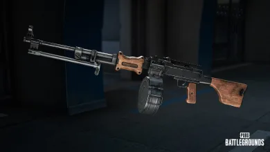 A PUBG: BATTLEGROUNDS light machine gun with a drum magazine displayed against a dark background.