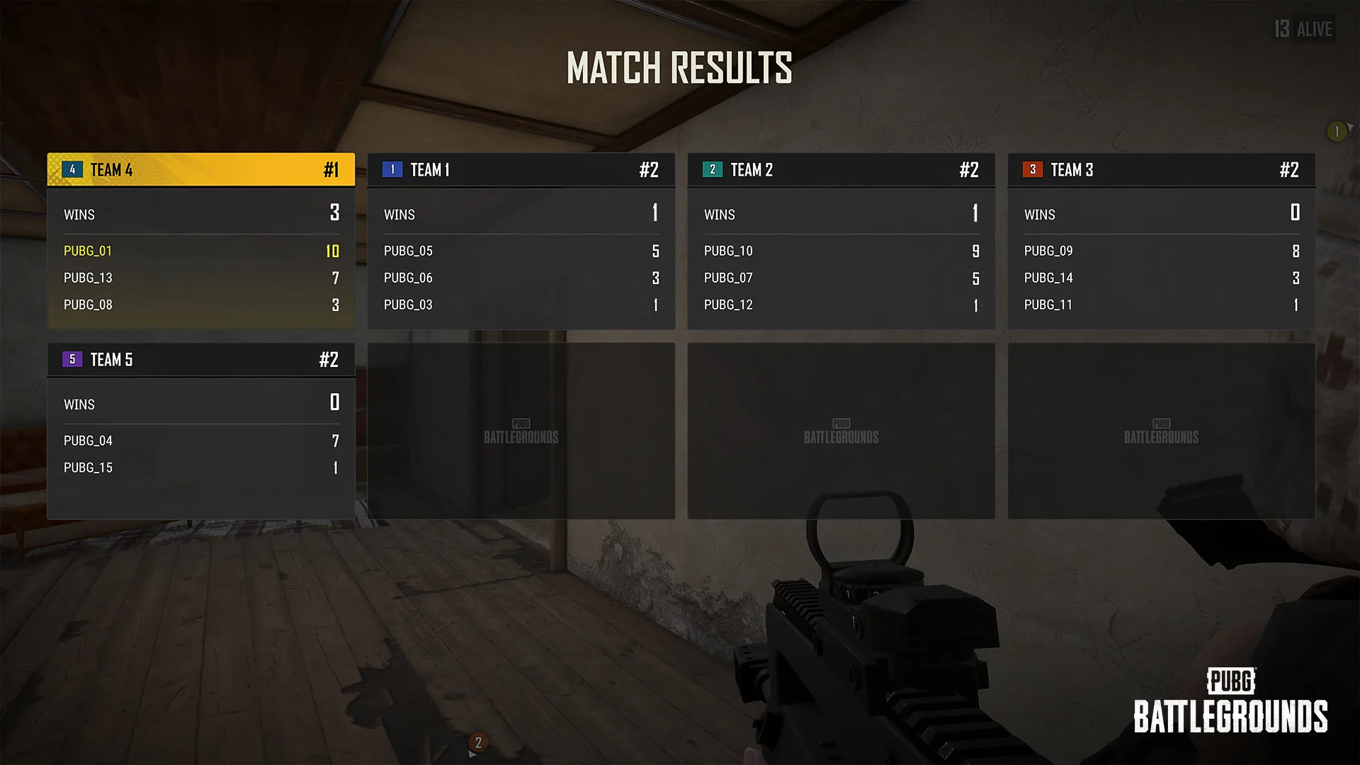 PUBG: Playgrounds match results screen showing team rankings and points