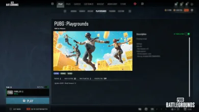 In-game PUBG: Playgrounds hub showing a selected community mode with matchmaking details