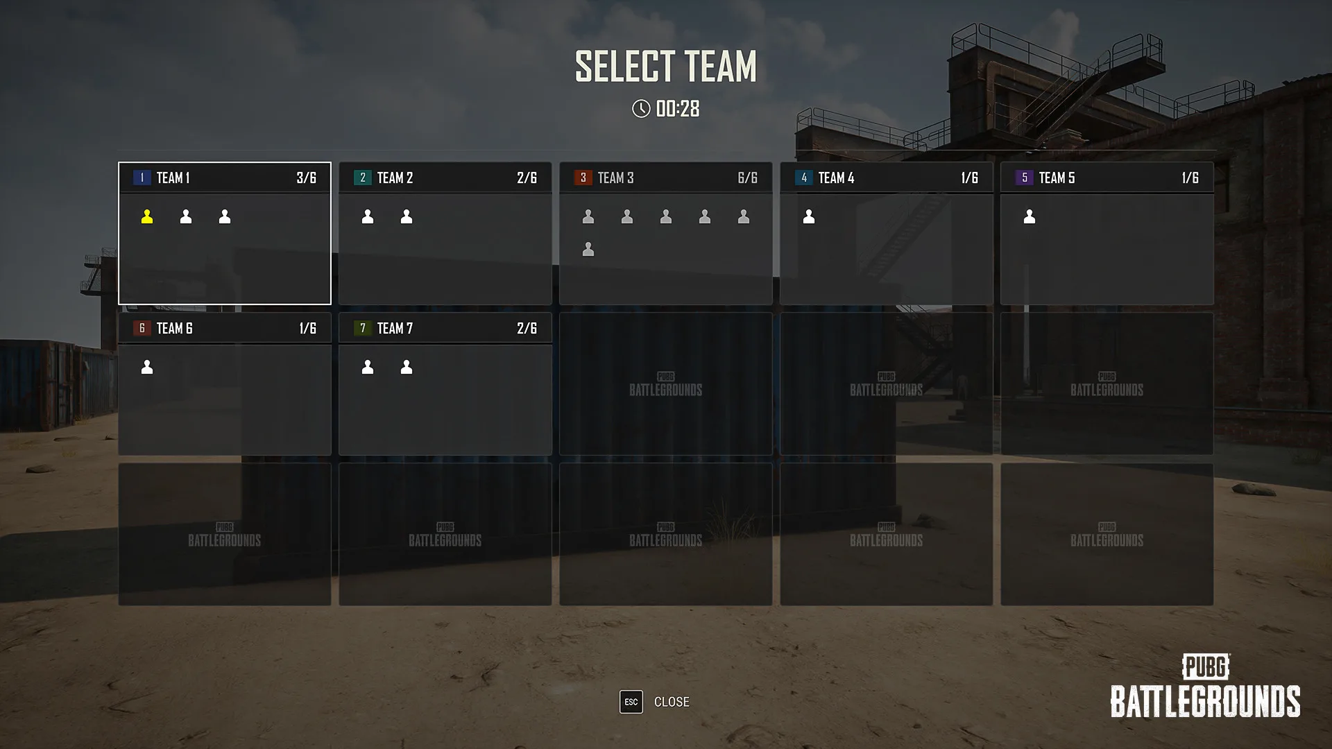 PUBG: Playgrounds team selection screen showing multiple teams