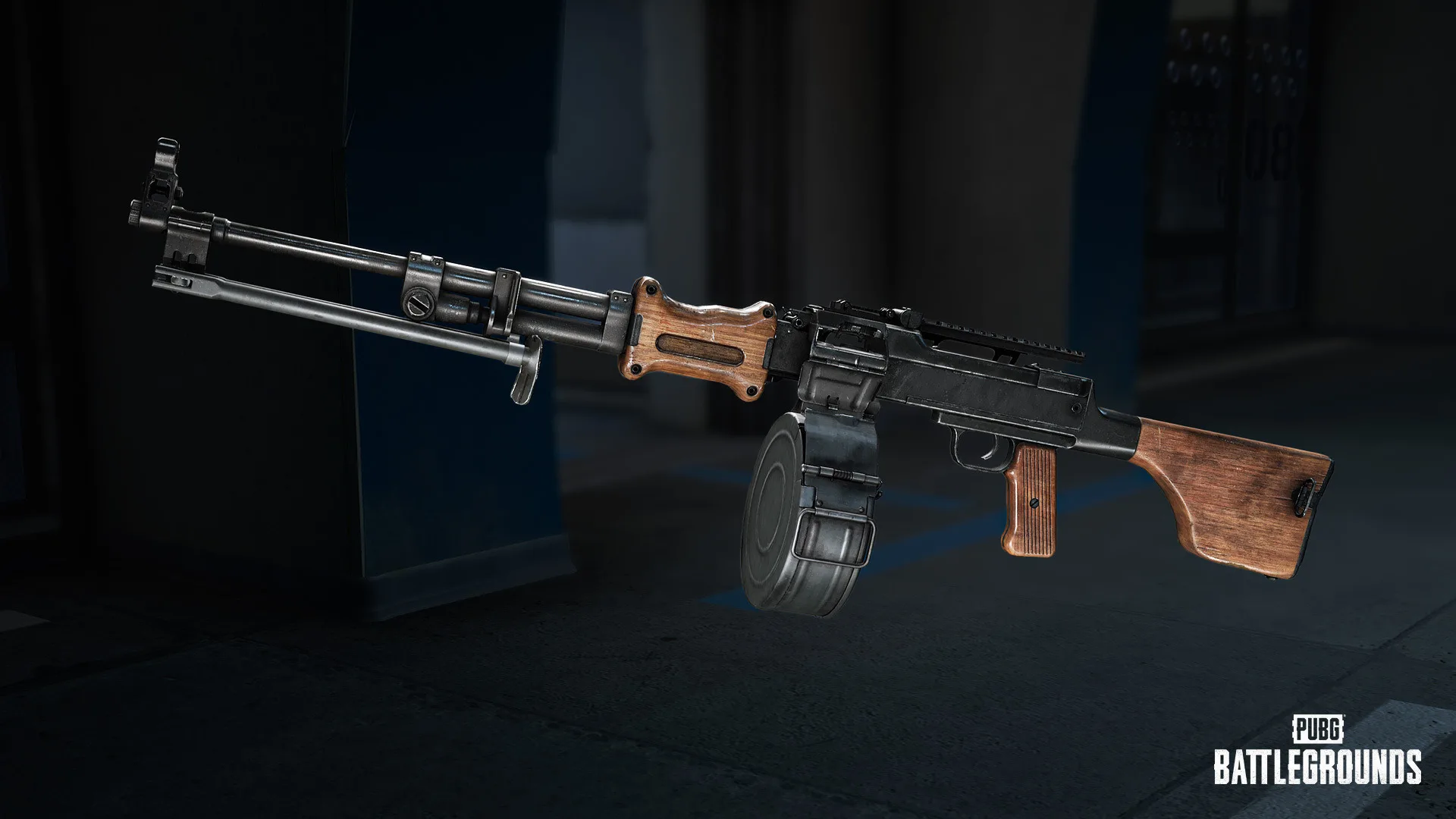 PUBG RPD light machine gun displayed with its ammunition drum