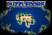 Puzzledorf logo above a colorful island puzzle scene with blocks and trees