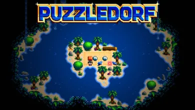 Puzzledorf logo above a colorful island puzzle scene with blocks and trees