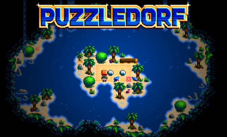 Puzzledorf logo above a colorful island puzzle scene with blocks and trees