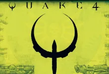 Quake 4 logo and Strogg-themed weapons and machinery on a yellow background