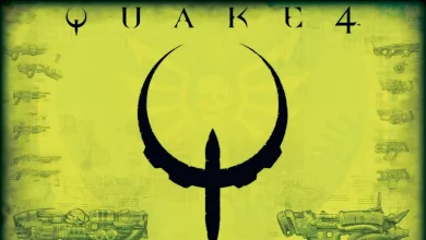 Quake 4 logo and Strogg-themed weapons and machinery on a yellow background