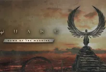 Winged statue standing on a stone structure above a ruined landscape beneath a cloudy sky, with Quake: Dawn of the Machine lettering