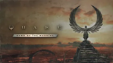 Winged statue standing on a stone structure above a ruined landscape beneath a cloudy sky, with Quake: Dawn of the Machine lettering