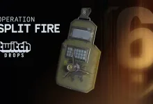 Rainbow Six Siege Operation Split Fire Twitch Drops artwork featuring a shield-shaped device beside a large number 6