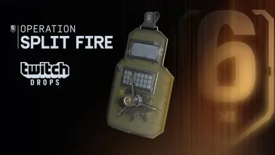 Rainbow Six Siege Operation Split Fire Twitch Drops artwork featuring a shield-shaped device beside a large number 6