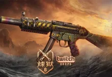 Ornate Rainbow Six Siege weapon skin above turbulent water beneath an orange sky, with Twitch Drops branding