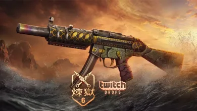 Ornate Rainbow Six Siege weapon skin above turbulent water beneath an orange sky, with Twitch Drops branding