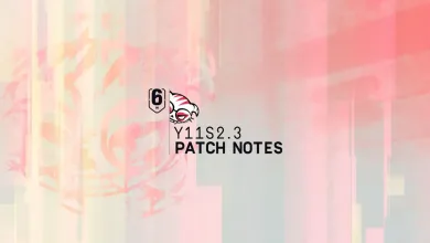Official Rainbow Six Siege Y11S2.3 patch notes graphic with the game logo and a pink abstract background.