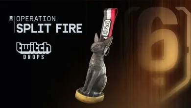 Rainbow Six Siege Operation Split Fire Twitch Drops artwork showing a rabbit-shaped charm beside a large number 6