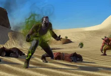 A SWTOR character stands amid green Rakghoul fumes and fallen figures in the Tatooine desert