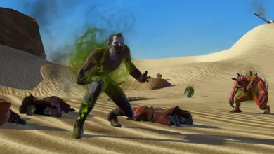 A SWTOR character stands amid green Rakghoul fumes and fallen figures in the Tatooine desert