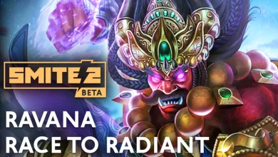 SMITE 2 artwork showing Ravana with the text “Ravana Race to Radiant.”