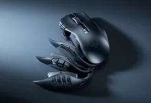 Razer Naga V3 Pro gaming mouse shown with three swappable side panels on a dark background.