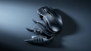 Razer Naga V3 Pro gaming mouse shown with three swappable side panels on a dark background.