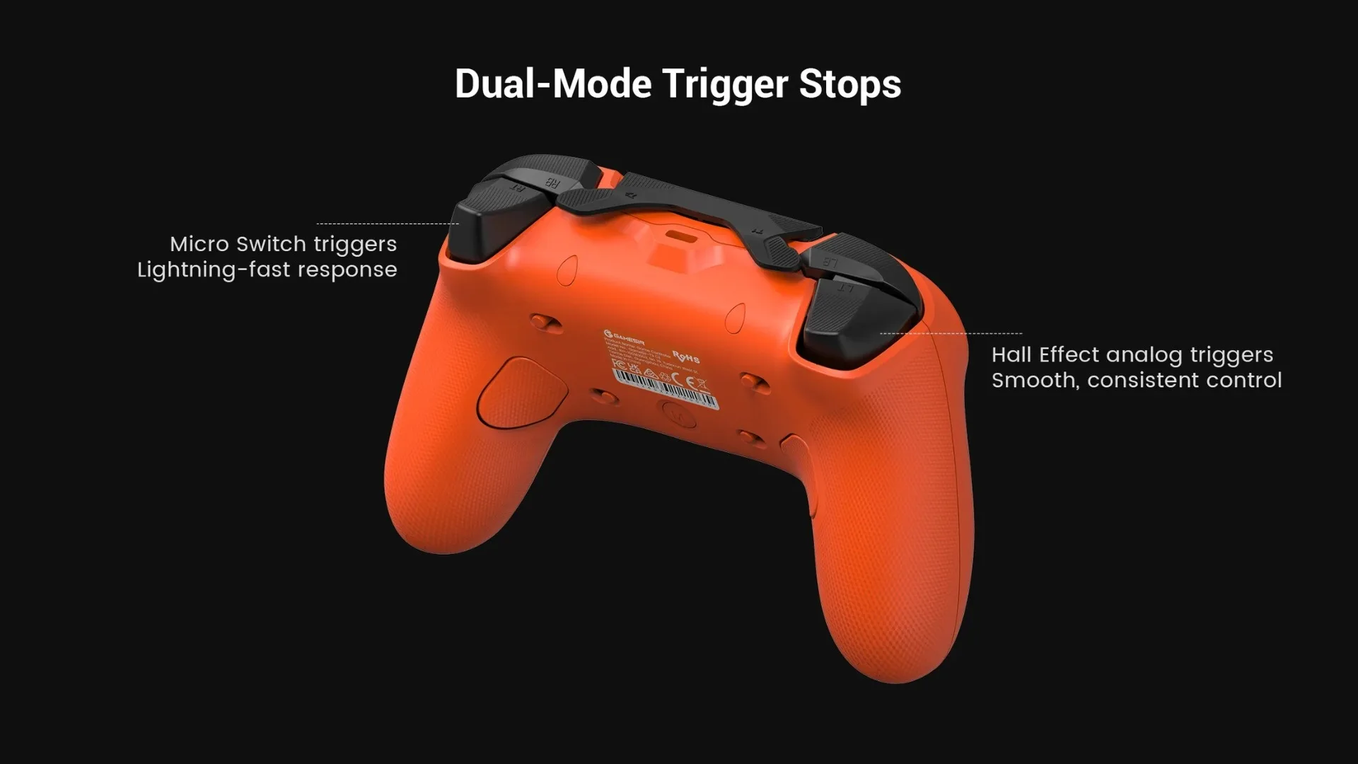 Rear paddles and trigger stops on the orange Tarantula Pro controller