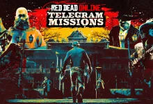 Red Dead Online artwork depicting Telegram Missions characters approaching a frontier building