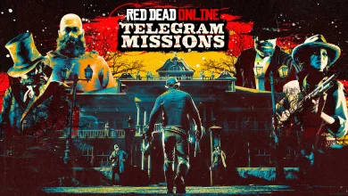 Red Dead Online artwork depicting Telegram Missions characters approaching a frontier building