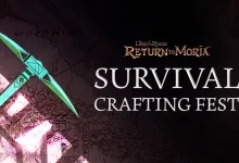 Promotional artwork for The Lord of the Rings: Return to Moria's Survival Crafting Fest, featuring a glowing teal tool in a dark cavern