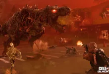 Operators battle a towering, decaying dinosaur zombie with glowing eyes amid fire and smoke.