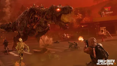 Operators battle a towering, decaying dinosaur zombie with glowing eyes amid fire and smoke.