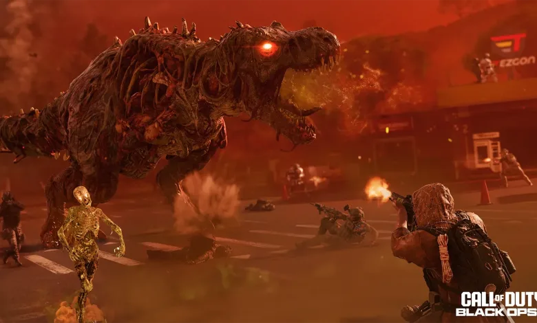 Operators battle a towering, decaying dinosaur zombie with glowing eyes amid fire and smoke.
