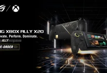 ROG Xbox Ally X20 handheld shown beside ROG and Xbox logos with preorder promotional text