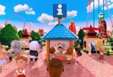 A colorful amusement park filled with visitors, animal mascots, an information kiosk, and roller coasters in the background.