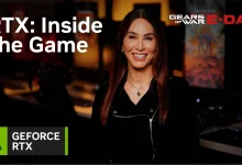 A woman presents an RTX: Inside the Game feature, with Gears of War: E-Day artwork and NVIDIA GeForce RTX branding visible.