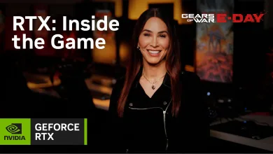 A woman presents an RTX: Inside the Game feature, with Gears of War: E-Day artwork and NVIDIA GeForce RTX branding visible.