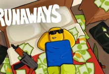 Runaways artwork showing a Roblox character lying on a bed of cash with a rifle nearby