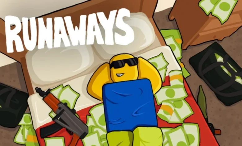 Runaways artwork showing a Roblox character lying on a bed of cash with a rifle nearby