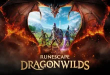 RuneScape: Dragonwilds artwork showing adventurers beneath a dragon surrounded by flames