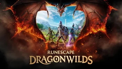 RuneScape: Dragonwilds artwork showing adventurers beneath a dragon surrounded by flames