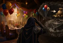 A decorated fantasy dining room filled with balloons, with a hooded character viewing balloon and coin imagery.