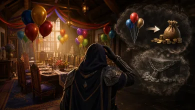 A decorated fantasy dining room filled with balloons, with a hooded character viewing balloon and coin imagery.