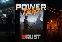 Rust Power Trip update artwork showing a player at a computer, a survivor in a field, and a fire-lit monument
