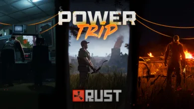 Rust Power Trip update artwork showing a player at a computer, a survivor in a field, and a fire-lit monument