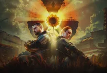 Two armed S.T.A.L.K.E.R. 2 characters sit in an industrial Zone beneath a sunflower and a glowing sky.