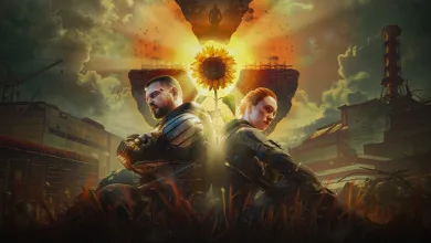 Two armed S.T.A.L.K.E.R. 2 characters sit in an industrial Zone beneath a sunflower and a glowing sky.