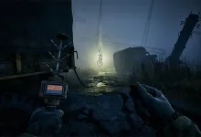 First-person view of a dark, foggy industrial area in S.T.A.L.K.E.R. 2, with a detector visible in the foreground.