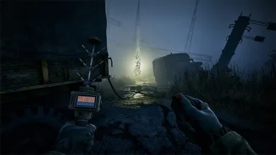 First-person view of a dark, foggy industrial area in S.T.A.L.K.E.R. 2, with a detector visible in the foreground.