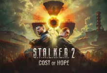 S.T.A.L.K.E.R. 2 Cost of Hope artwork showing two characters in the Zone beneath a floating structure and a large sunflower