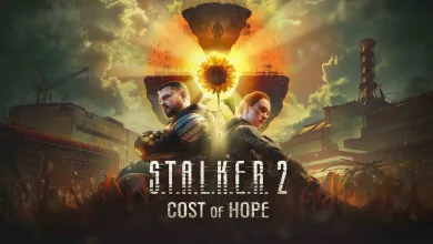 S.T.A.L.K.E.R. 2 Cost of Hope artwork showing two characters in the Zone beneath a floating structure and a large sunflower