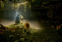 A dark overgrown interior filled with sunflowers and illuminated by a shaft of light in S.T.A.L.K.E.R. 2